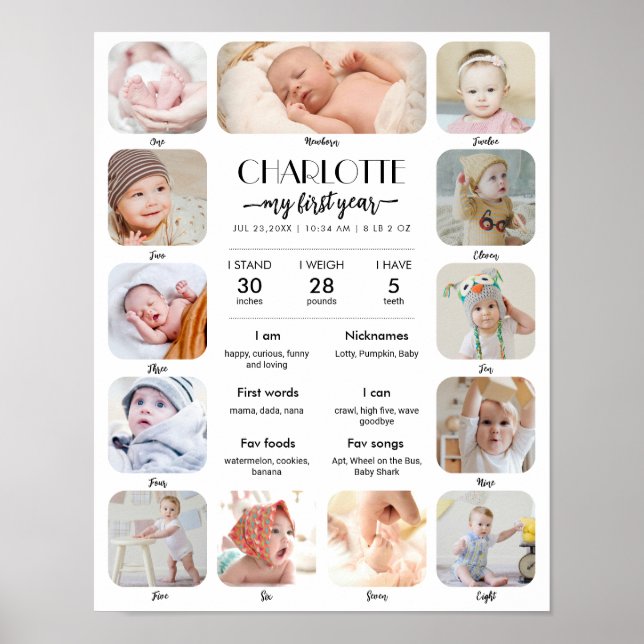 Affiche 1st Birthday Baby Milestone Custom Picture Collage (Devant)