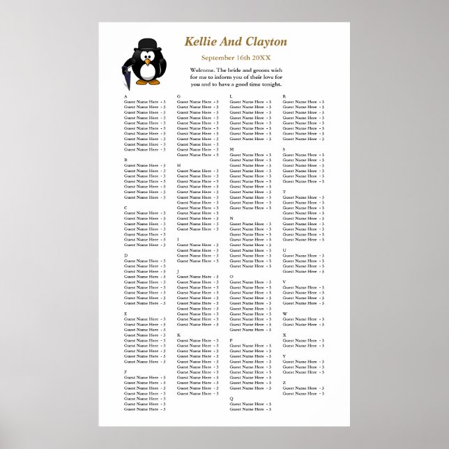 Affiche 200 Drôle Penguin Greeter Mariage Seating Chart (Devant)