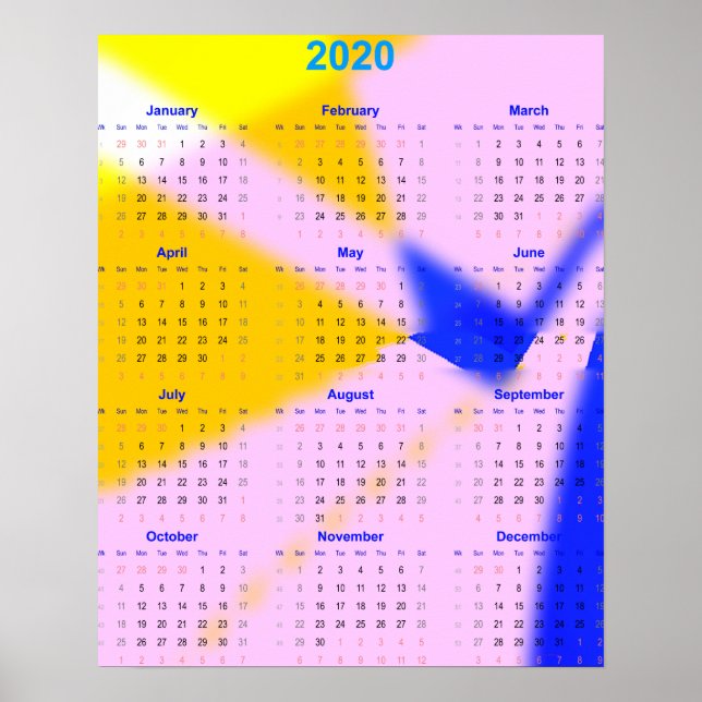 Affiche 2020 Année calendrier pour la maison et le bureau. (Devant)