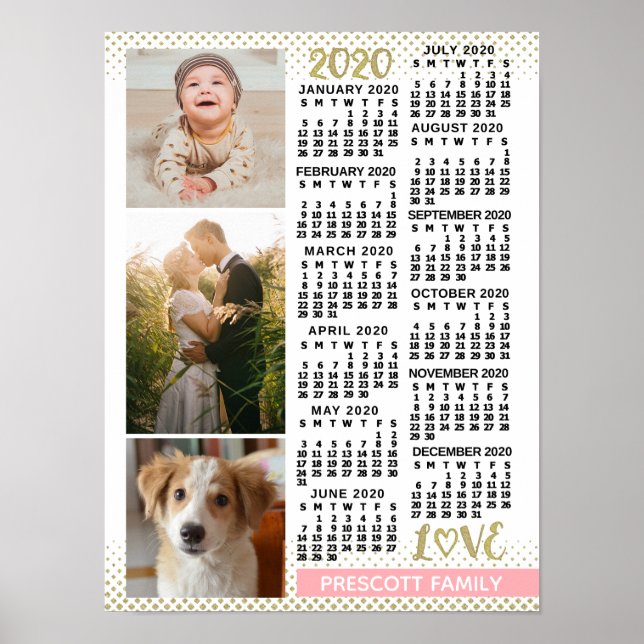 Affiche 2020 Calendrier Blush Pink Gold Family Photo Colla (Devant)