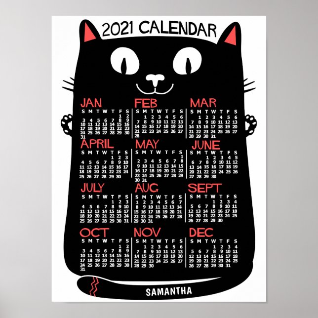 Affiche 2021 Année Calendrier mensuel Chat noir du milieu  (Devant)