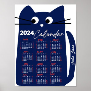 Affiche 2024 Année Calendrier mensuel Mi-Siècle Blue Cat
