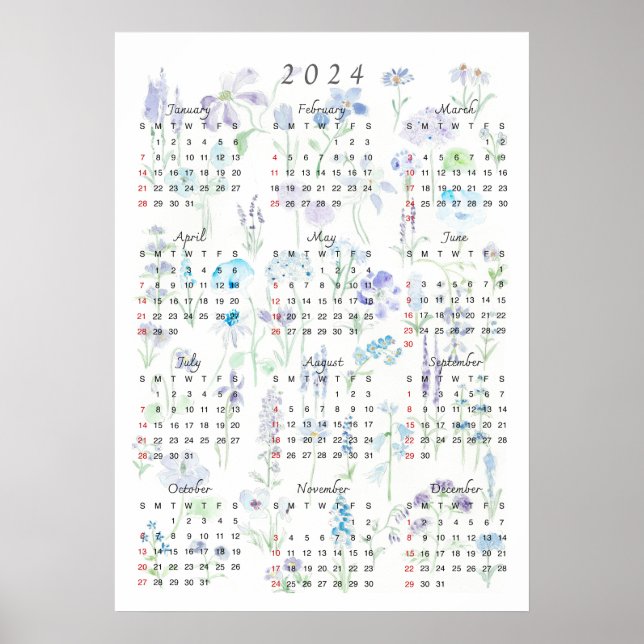 Affiche 2024 aquarelle de couleur de calender violet et ba (Devant)