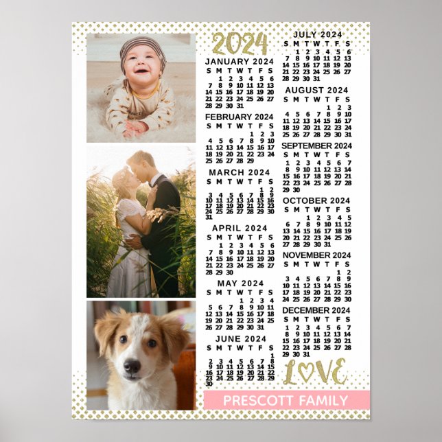 Affiche 2024 Calendrier Blush Pink Gold Family Photo Colla (Devant)