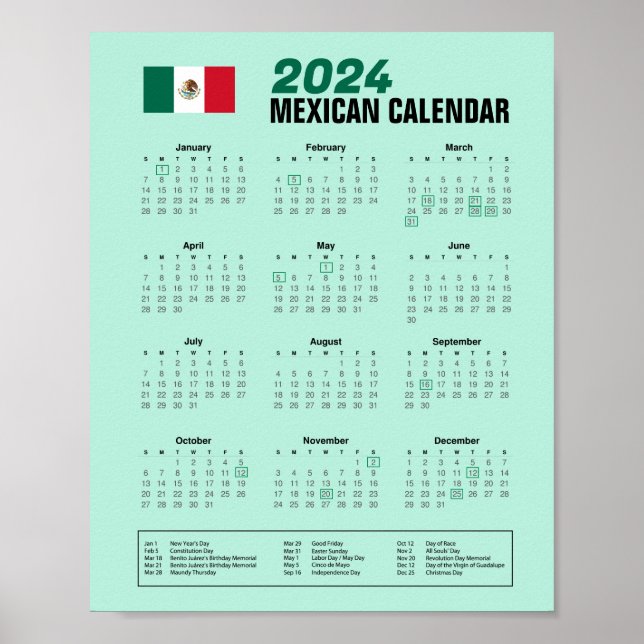 Affiche 2024 Calendrier mexicain Télécharger PDF 3,95 $ (Devant)