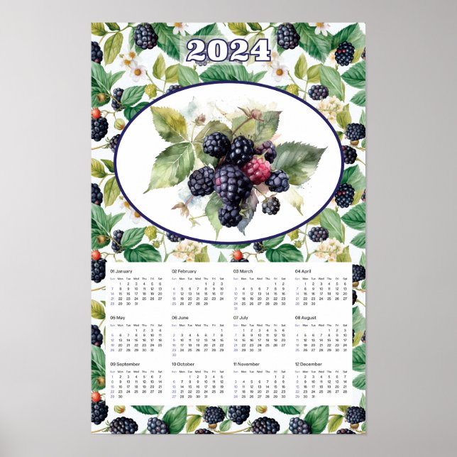 Affiche 2024 Calendrier Vintage Blackberries Aquarelle (Devant)