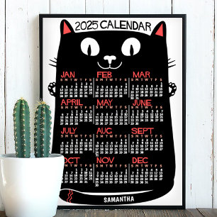 Affiche 2025 Année Calendrier mensuel Chat noir du milieu