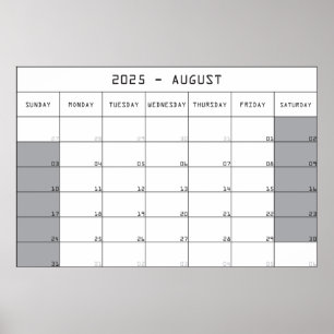 Affiche 2025 août planer calendrier gros notes espace