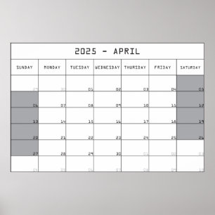 Affiche 2025 avril calendrier planer gros notes espace