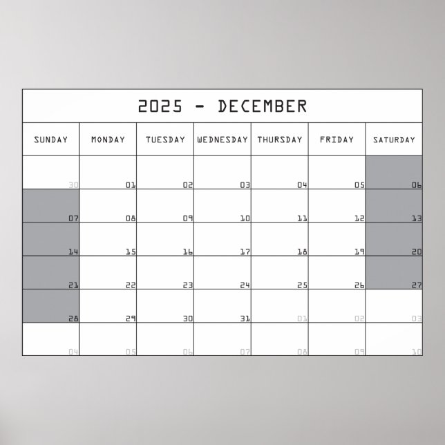 Affiche 2025 décembre calendrier planer gros notes espace (Devant)