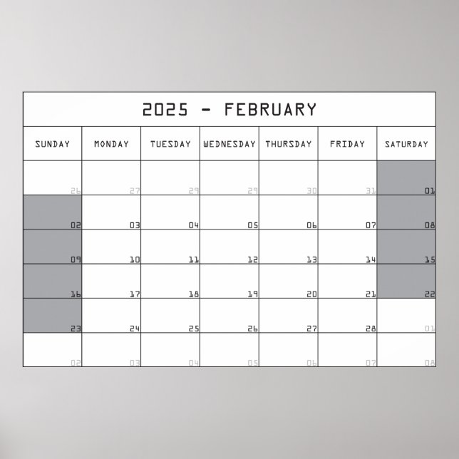 Affiche 2025 février calendrier planer gros notes espace (Devant)