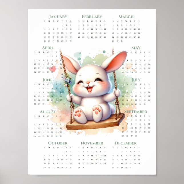 Affiche 2026 1-Page Calendar Cute Bunny on Swing Whimsical (Devant)
