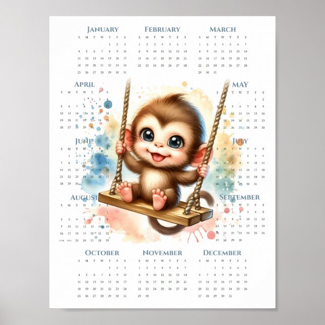 Affiche 2026 1-Page Calendar Cute Monkey on Swing Jungle (Devant)