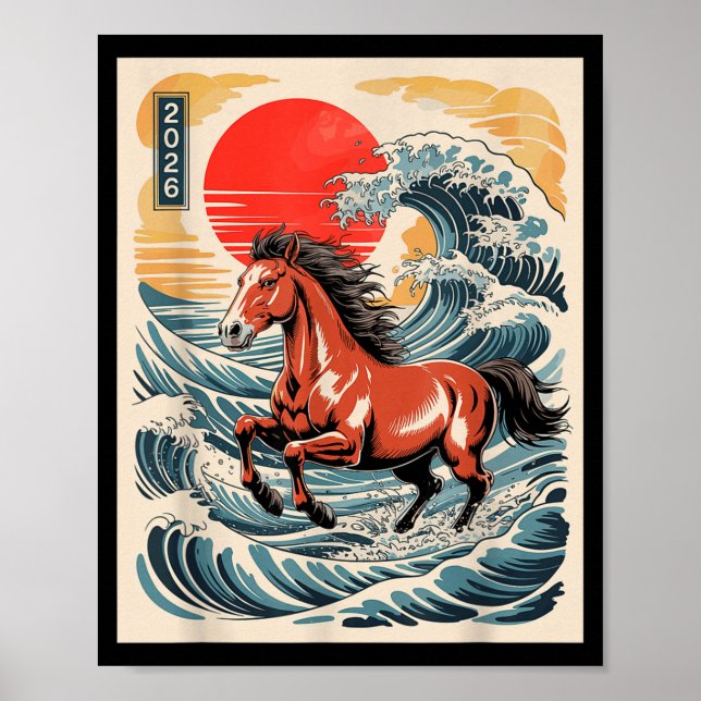 Affiche 2026 Année du Cheval Art de la Vague Japonaise Nou (Devant)