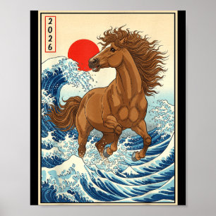 Affiche 2026 Année du Cheval Art de la Vague Japonaise Nou