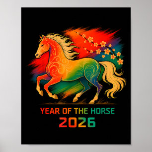 Affiche 2026 Année du Cheval Art Vibrant du Zodiaque Fleur