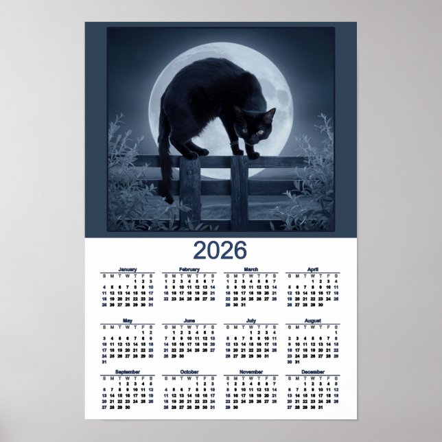 Affiche 2026 Calendar Black Cat on a Fence with Full Moon (Devant)
