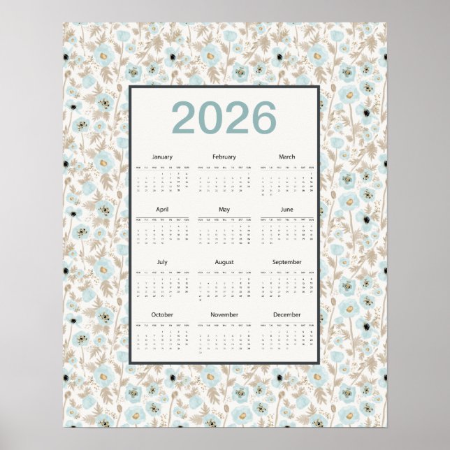Affiche 2026 Calendar Full Year Blue Cream Poppies (Devant)