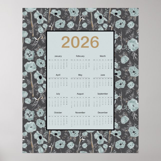 Affiche 2026 Calendar Full Year Blue Gray Poppies (Devant)