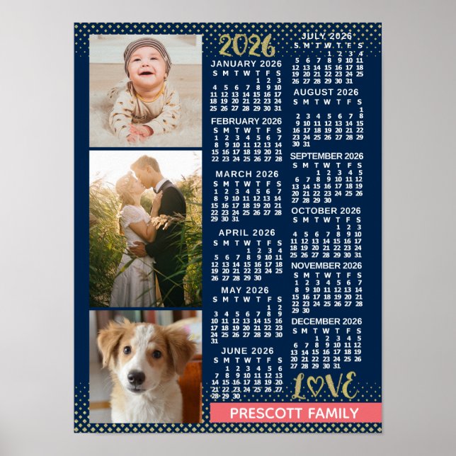 Affiche 2026 Calendar Navy Coral Gold Family Photo Collage (Devant)