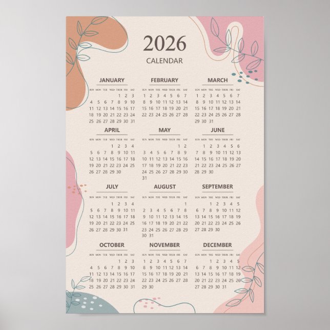 Affiche 2026 Calendrier Mid Century Abstrait Boho esthétiq (Devant)