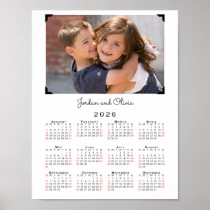 Affiche 2026 Calendrier Votre photo et votre nom en blanc