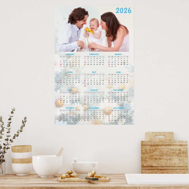 Affiche 2026 Floral Calendar with Family Photo (Cuisine)