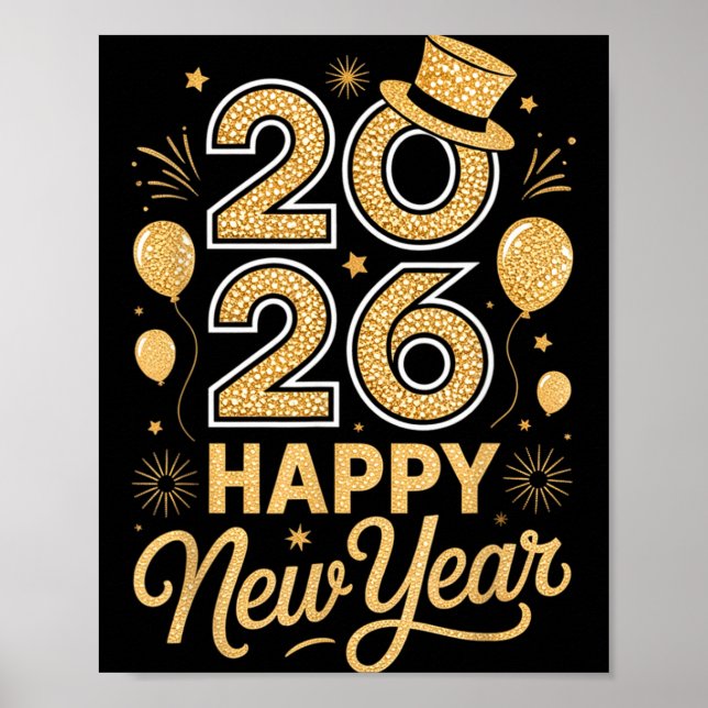 Affiche 2026 Happy New Year Festive Top Hat Balloon Firewo (Devant)