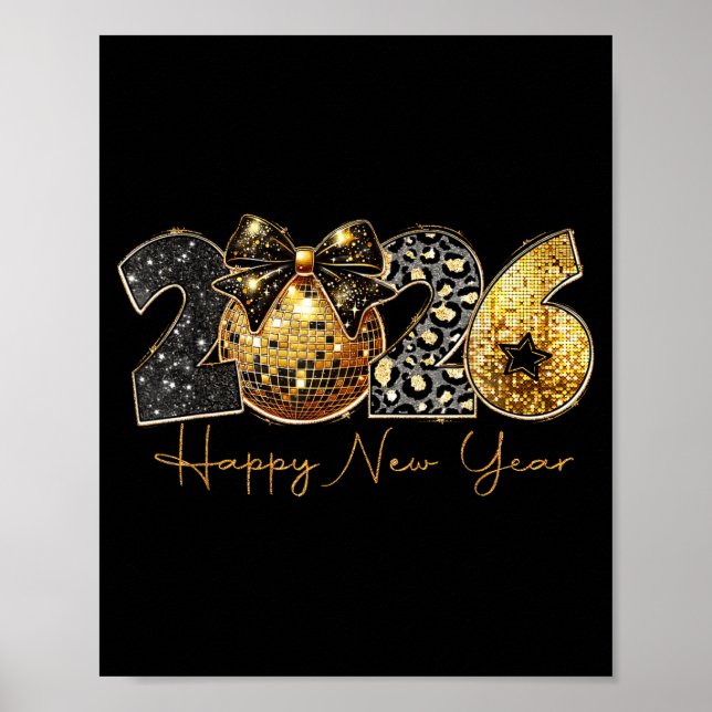 Affiche 2026 Happy New Year Gold Disco Leopard Bow Coquett (Devant)