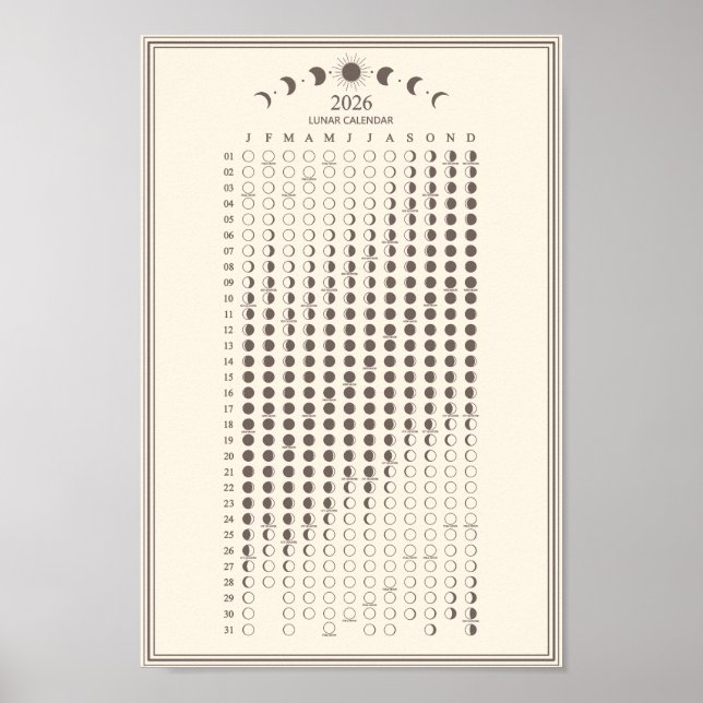 Affiche 2026 Moon Phase Lunar Cycles Calendar Minimalist (Devant)