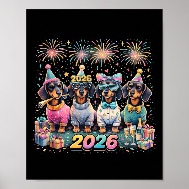 Affiche 2026 New Year Dachshund Party Fireworks Fun  (Devant)