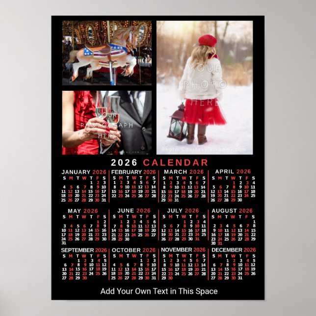 Affiche 2026 Year Monthly Calendar Black Custom 3 Photos (Devant)