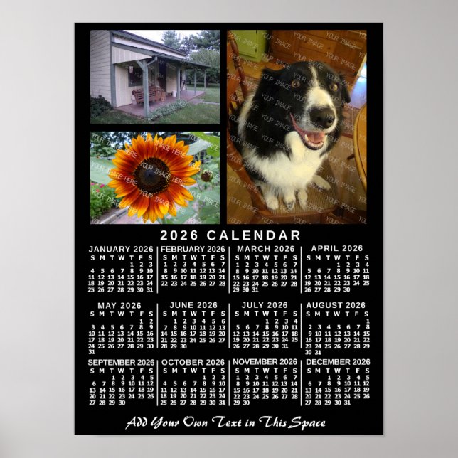 Affiche 2026 Year Monthly Calendar Black Custom 3 Photos (Devant)