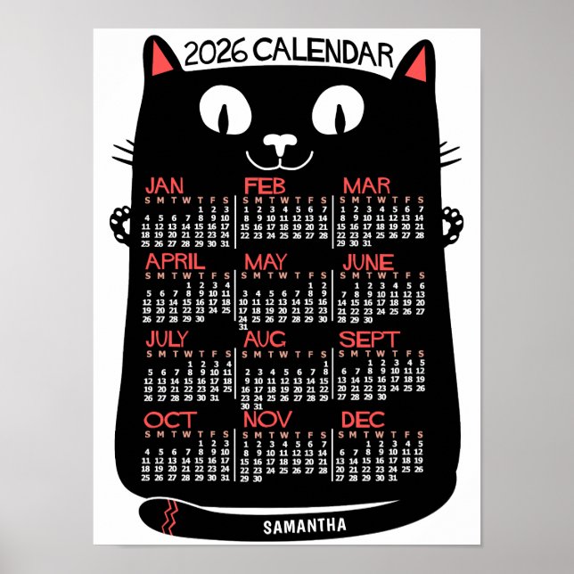 Affiche 2026 Year Monthly Calendar Mid-Century Black Cat (Devant)