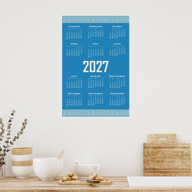 Affiche 2027 Calendar, Greek Fret, Cosmic Latte on Blue (Cuisine)