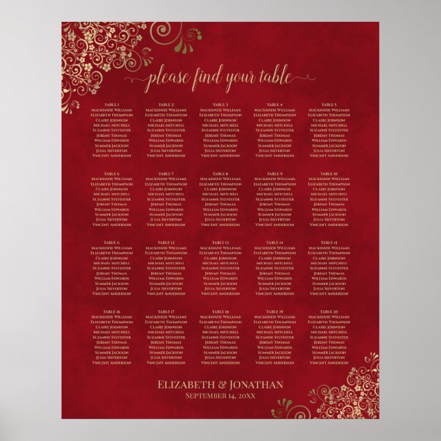 Affiche 20 Frilles d'or de table sur le Mariage rouge (Devant)