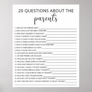 Affiche 20 Questions sur le jeu de baby shower Parents