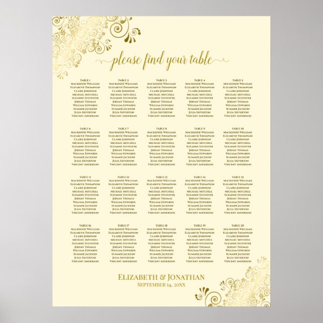 Affiche 20 Table Cream & Gold Frills Mariage Seating Chart (Devant)