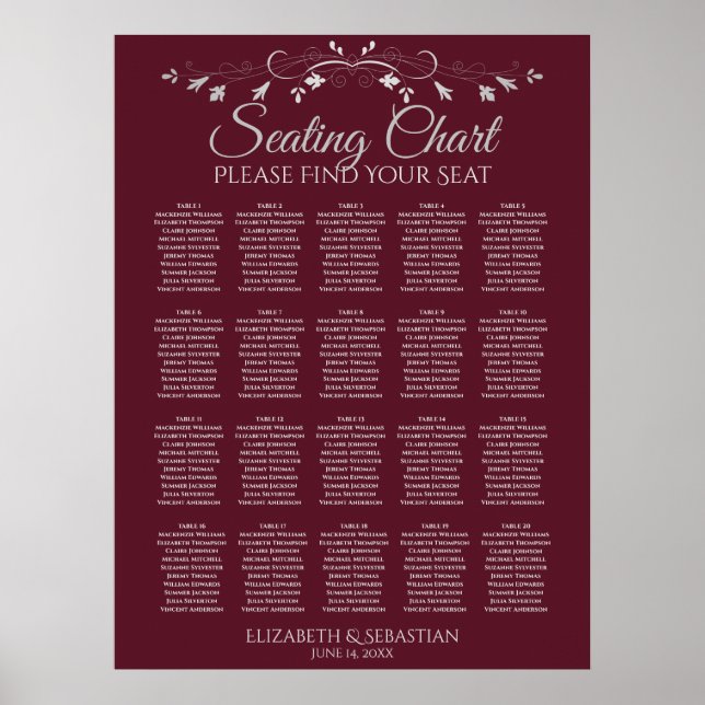 Affiche 20 Table Elegant Burgundy Wedding Seating Chart (Devant)