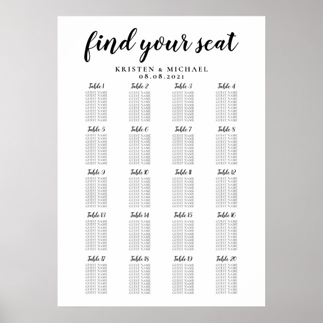 Affiche 20 Table Large Wedding Guest Seating Chart (Devant)