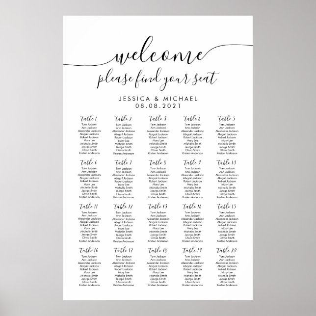 Affiche 20 Tables de Bienvenue Mariage 200 Invités Plan de (Devant)