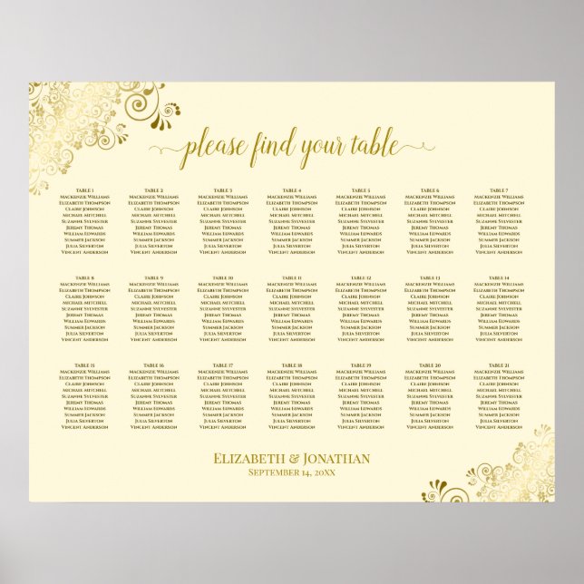 Affiche 21 Table Wedding Seating Chart Cream & Gold Frills (Devant)