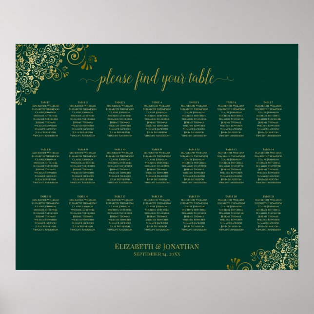 Affiche 21 Table Wedding Seating Chart Emerald Green Gold (Devant)