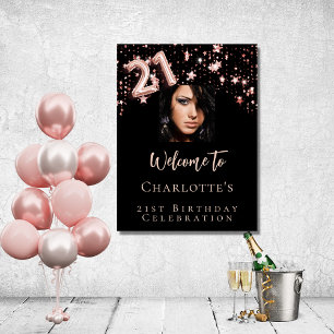 Affiche 21e anniversaire noir rose or photo étoiles bienve