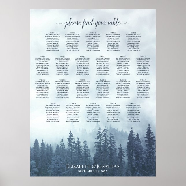 Affiche 22 Table Carte de Placement de Mariage Arbres Pins (Devant)