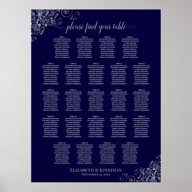 Affiche 23 Table Wedding Seating Chart Navy Blue & Silver (Devant)