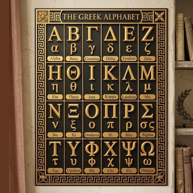 Affiche 24 Lettres de l'Alphabet Grec - Cadeau Esthétique  (Black gold aesthetic room decor, Order Greek letters wall print, Ancient Greece gift home decor)