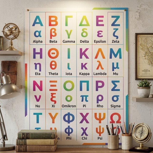 Affiche 24 Minuscules Majuscules Colorées - Alphabet Grec (Colorful Greek alphabet wall poster, Buy sorority fraternity chart, Greek alphabet pronunciaton)