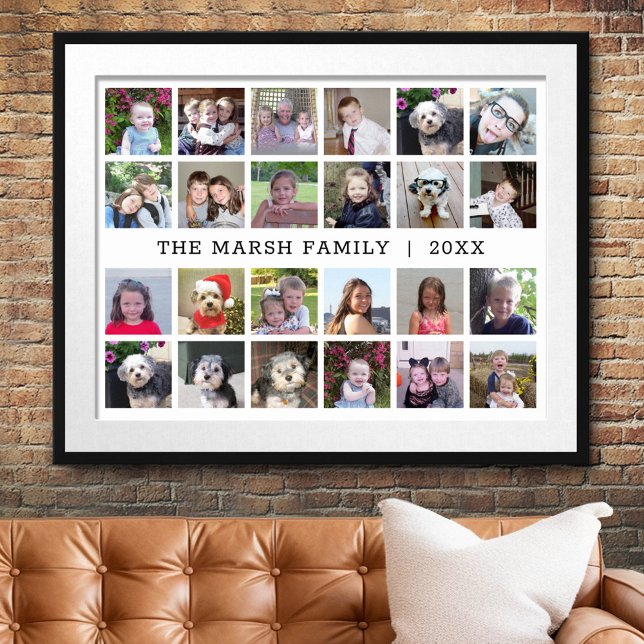Affiche 24 Photo Collage avec nom de famille Date - Blanc (Custom Photo Collage Poster)