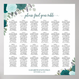 Affiche 24 Table Élégant Roses Sarcelle Plan de Table de M